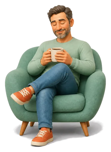 3D illustration of a man relaxing in an armchair with a coffee