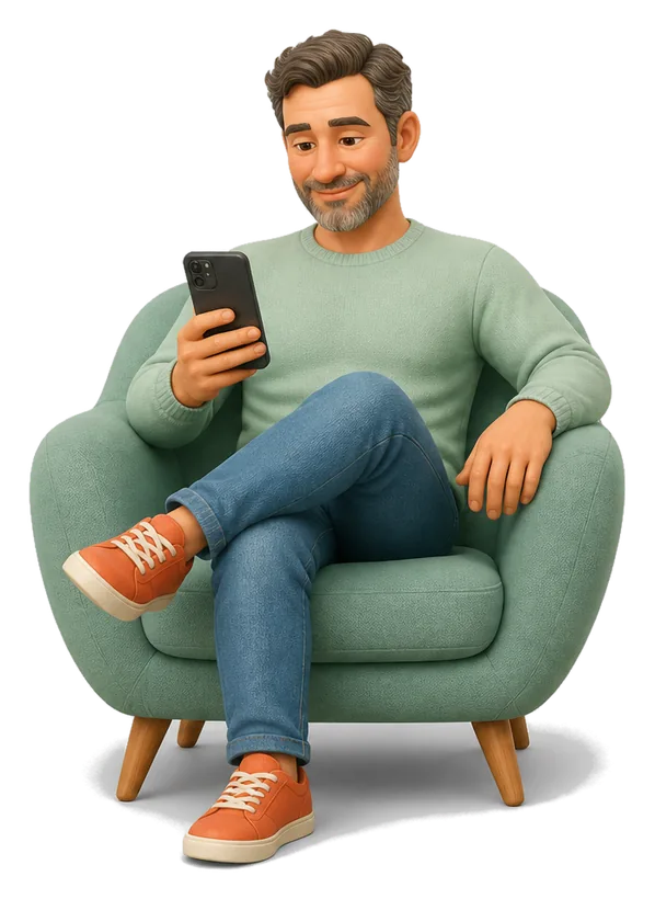 3D illustration of a smiling man relaxing in an armchair with his phone