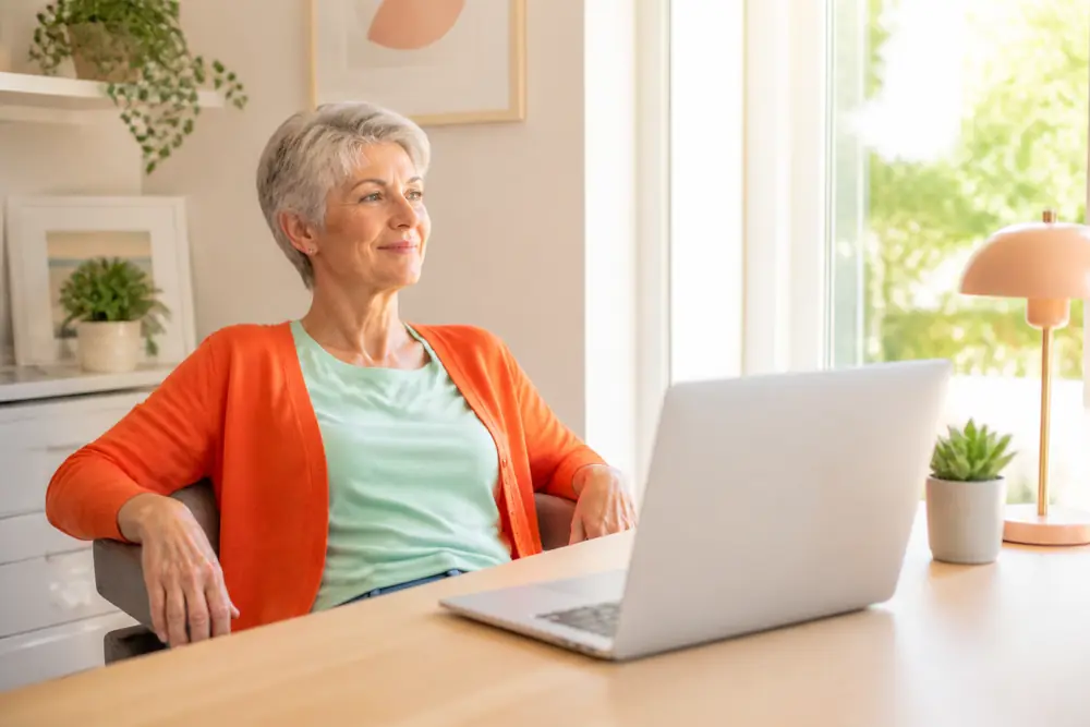 A woman leaning back at her home desk with her laptop open