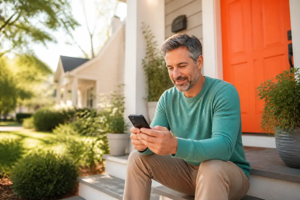 A man sitting on his front steps checking his phone